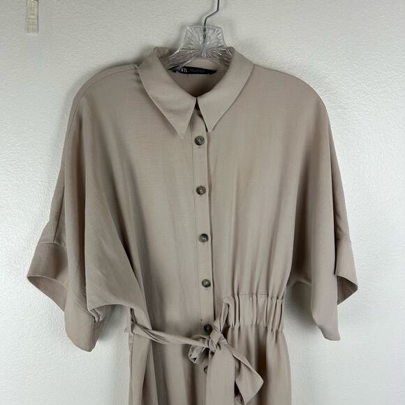 Zara Belted Shirt Dress Size Small Tan Short Dolman Sleeve Ruched Side Waist - Picture 4 of 6